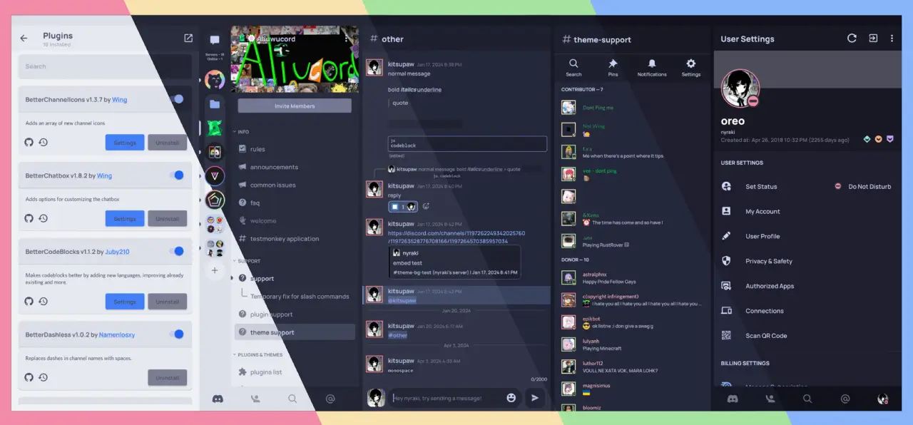 Catppuccin theme for Aliucord. A purple theme, with light and 4 dark flavors.