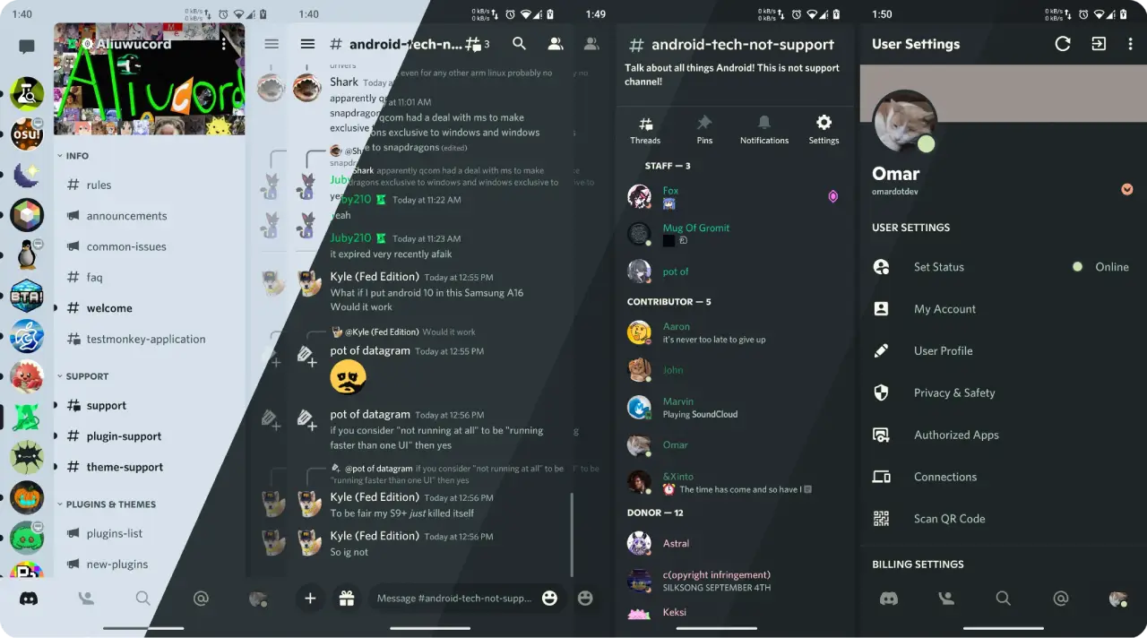 Evergarden theme for Aliucord. A greenish theme available in light and dark mode.