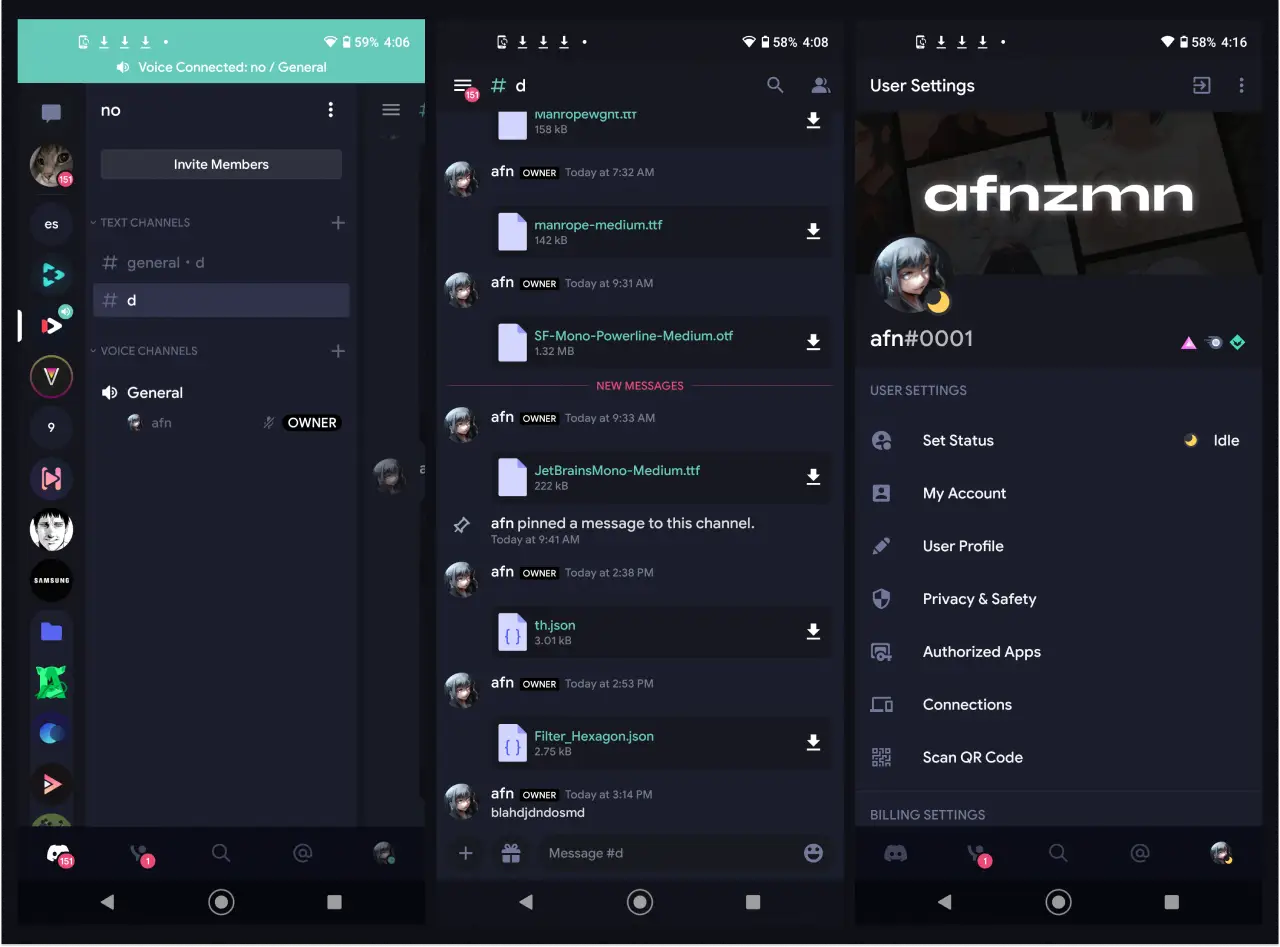 Filter Hexagon theme for Aliucord. A dark, pastel blurple mixed with pastel greenish accent.
