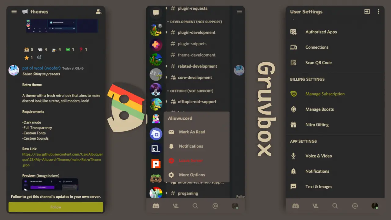 Gruvbox theme for Aliucord. A brownish and greenish theme.