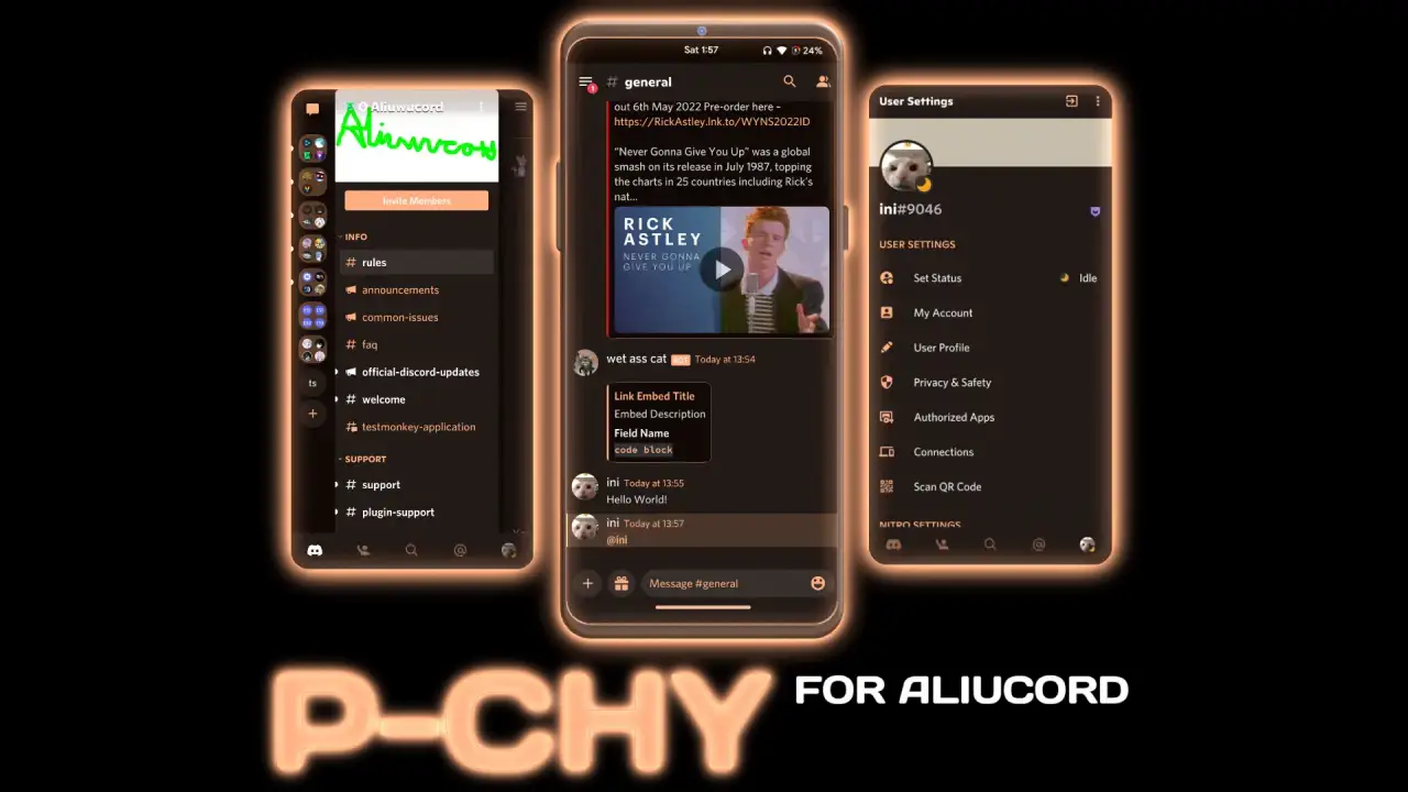 P-Chy (pronounced Peachy) theme for Aliucord. A dark orange theme.